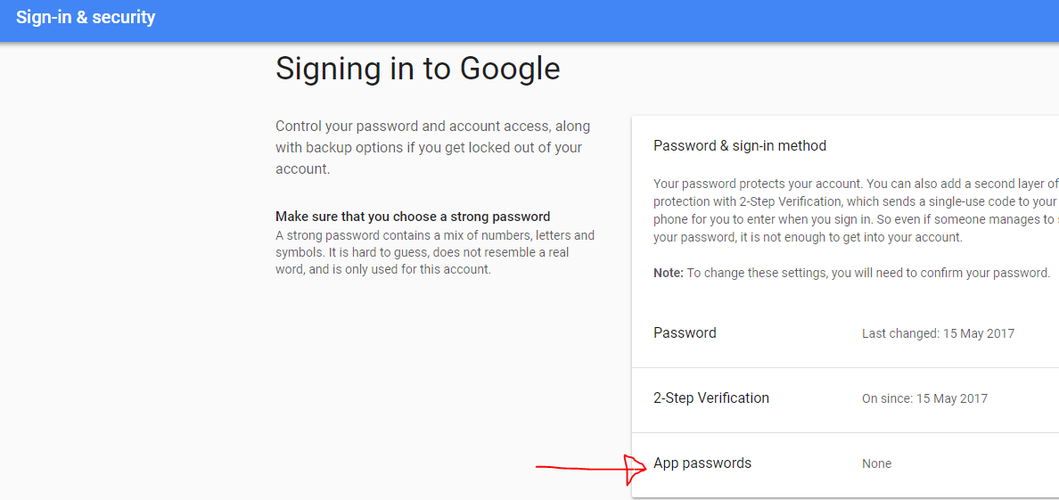 Problems setting a Google account app password