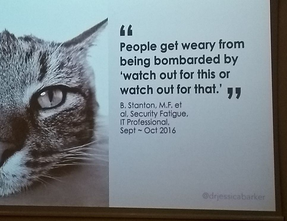 Slide showing quote: "People get weary from being bombarded by 'watch out for this or watch out for that'. (B. Stanten, M.F. et al.)