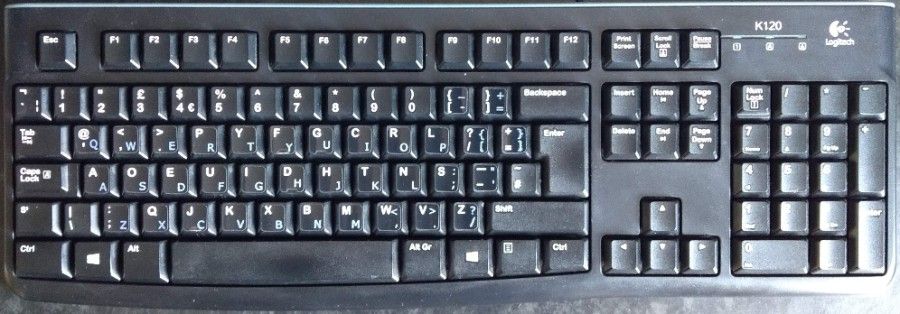 Logitech's K120 keyboard, with added Dvorak layout stickers.