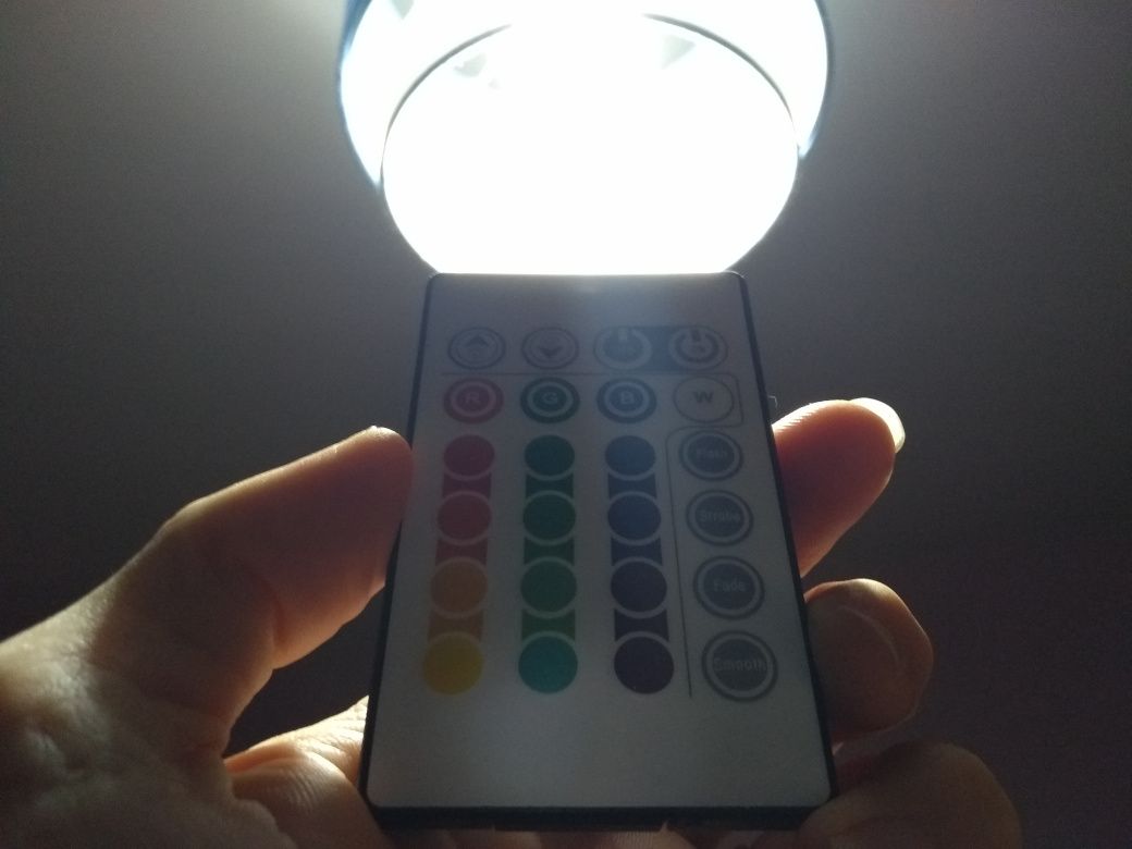 Photograph of an infrared remote control for a colour changing light bulb.