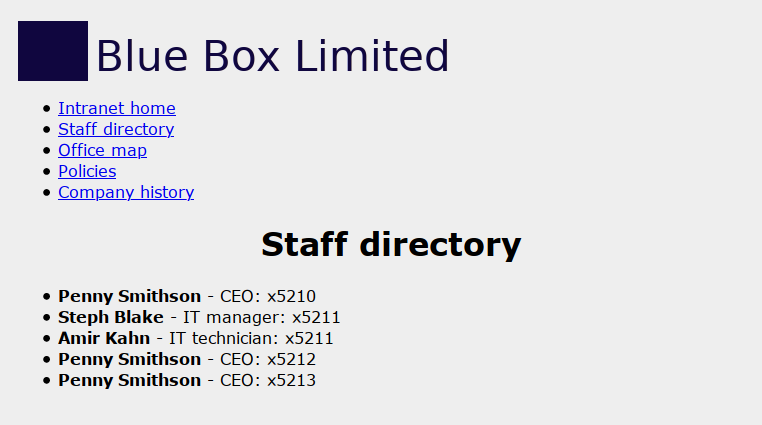 The initial, very basic and bland, Mocktranet showing the Staff Directory as just a list of people and phone numbers.
