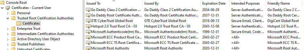Microsoft Management Console showing a list of trusted Root Certification Authorities.