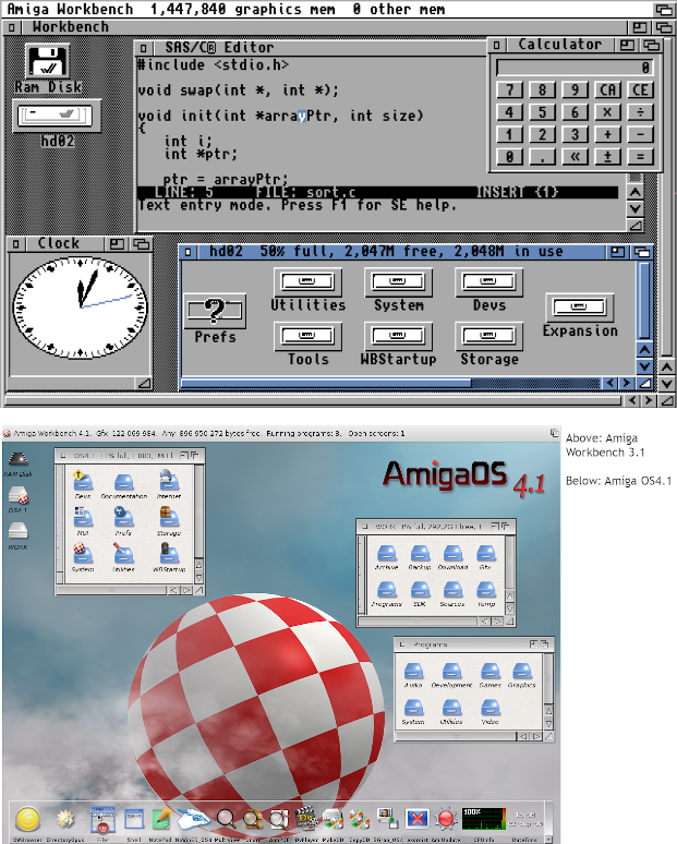 Screenshots showing Amiga Workbench 3.1 and the more colourful Workbench 4.1.