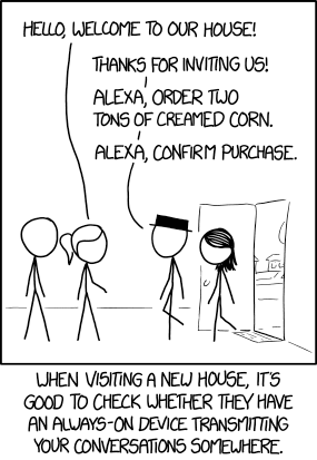 XKCD comic showing a character triggering Amazon's Alexa to order a large quantity of creamed corn.