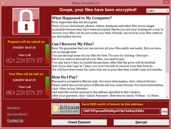 Screenshot from the WannaCry ransomware, demanding payment of ransom in order to provide access to the encrypted flies.