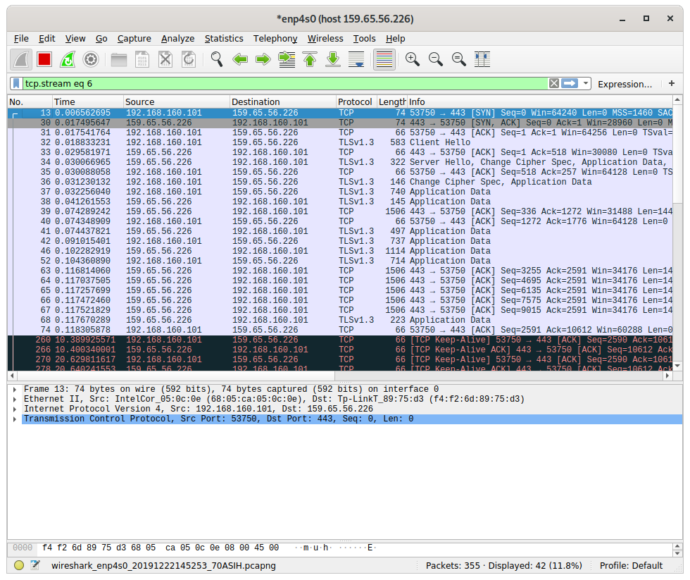 Network packets showing in Wireshark.