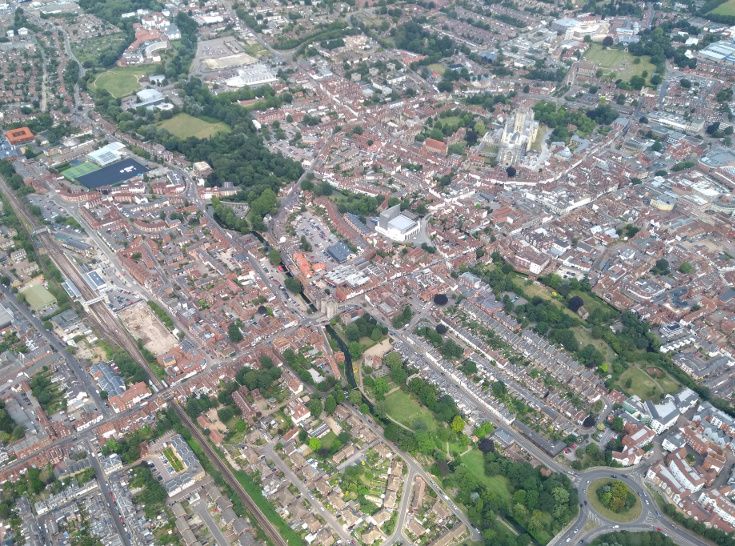 The city of Canterbury from the air, including the Cathedral (top right).