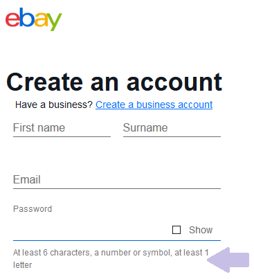 Screenshot of eBay's account sign up page.