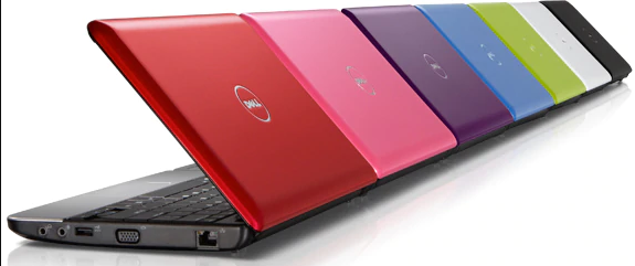 Line of Dell Inspiron Mini 10 laptops, in red, pink, purple, blue, green, white and black.