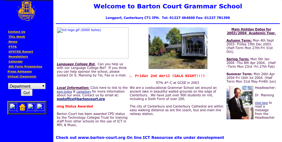 Screenshot of how the school site looked in 2004, from web.archive.org.