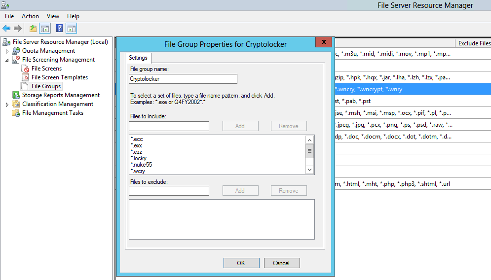 The file server resource manager screen for configuring file groups.