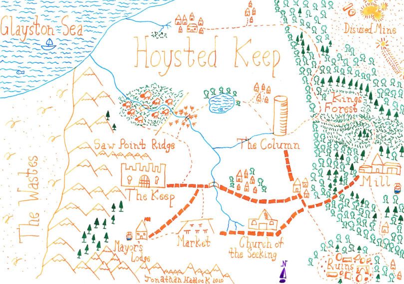 Hand drawn map artwork of a made up place "Hoysted Keep".  The King's Forest is in the East, Mountains in the West.  There's a castle, church market and various houses.
