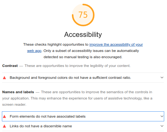 Screenshot of this blog's accessibility rating according to Lighthouse.