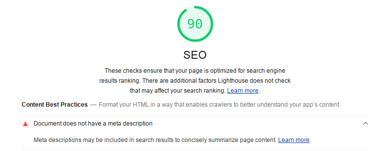 Screenshot of a Lighthouse audit, showing the "document does not have a meta description".