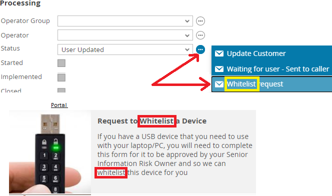 Screenshots of a the IT helpdesk system showing the word "whitelist".