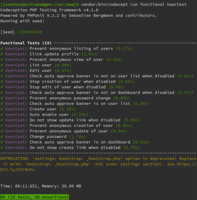 Screenshot of a terminal window showing the output of automated user tests.  Every test passes.