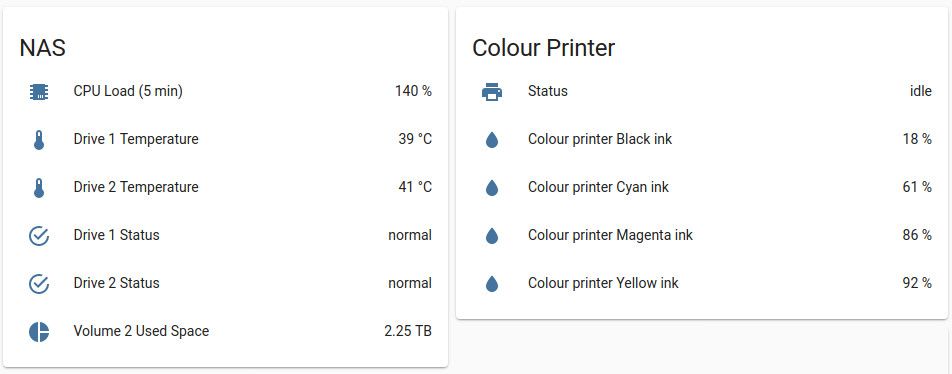 Two lists of data, one labelled "NAS" showing drive health and used space.  The other lists details about the colour printer.