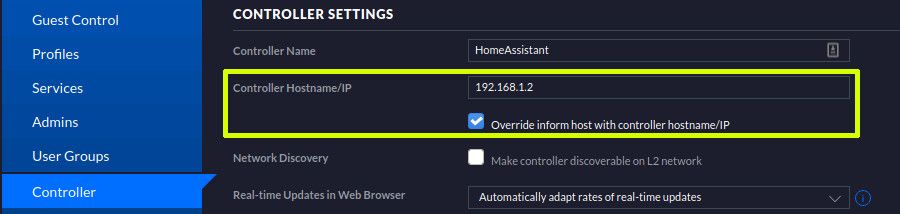 Screenshot of the Unifi controller configuration.