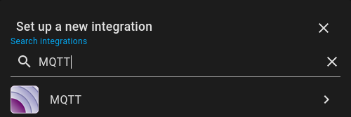 Screenshot of the "set up a new integration" pop up, filtered for MQTT.