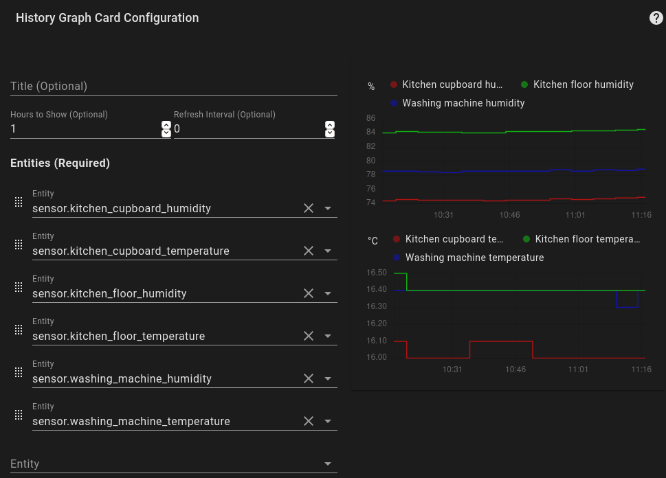 Screenshot showing the graph card being configured.