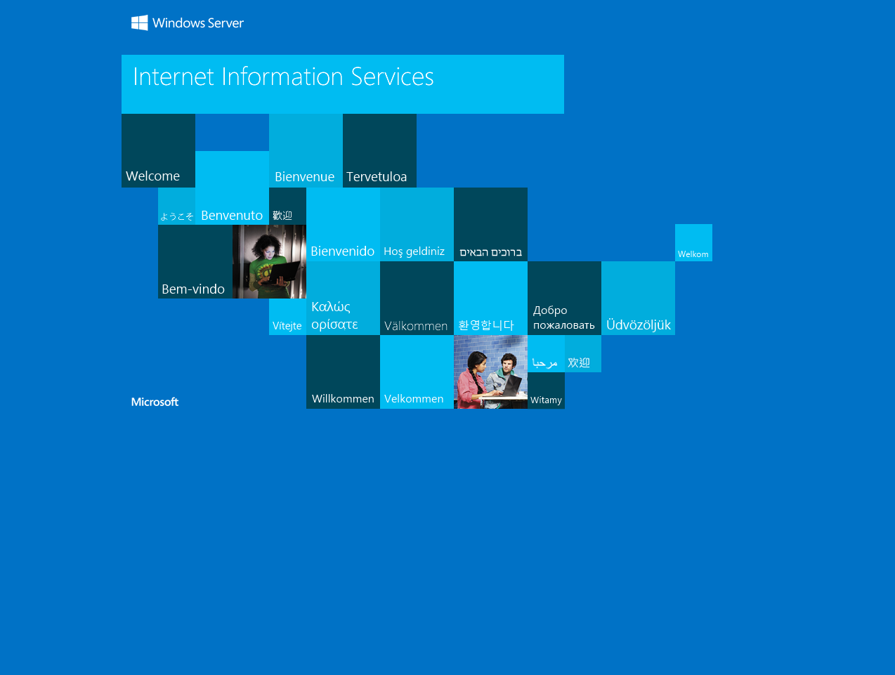 Screenshot of the default splash page for IIS 10, showing the word "welcome" in a number of languages.