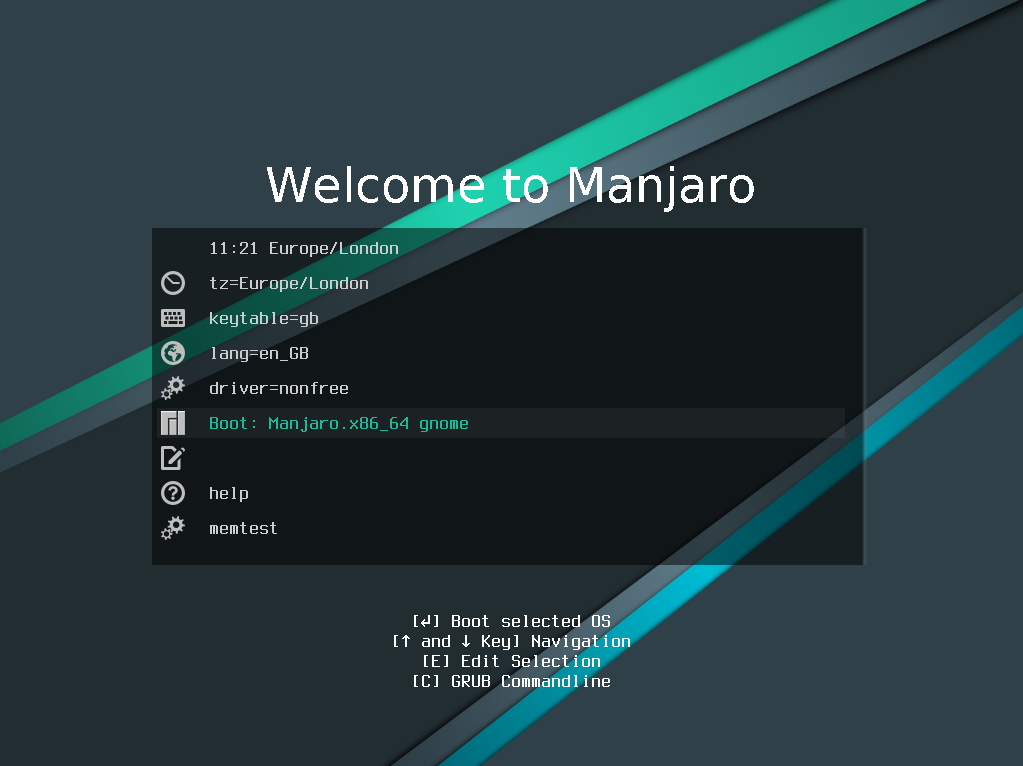 Manjaro live DVD boot menu, showing options for timezone, language, keyboard layout and drivers.