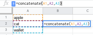 Screenshot showing a spreadsheet with apple, cat and wallet in column A and the concatenate function in B2.