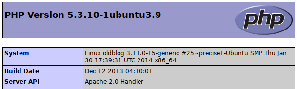 Screenshot showing the lab virtual machine is running PHP 5.3.10.