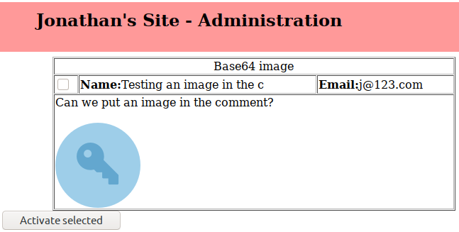 Comment showing in the admin panel.  The base64 encoded image was a key inside a blue circle.