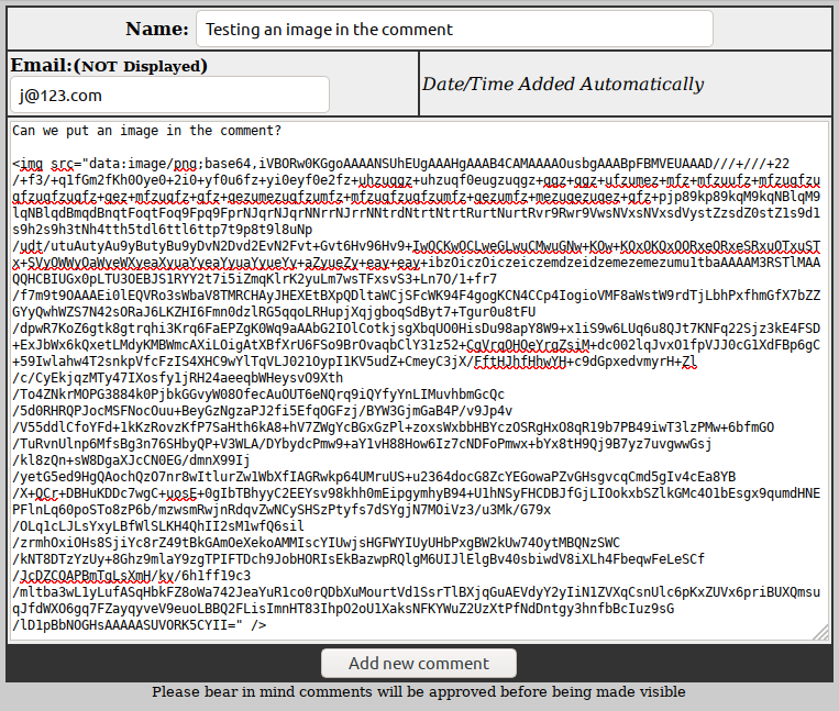 Screenshot showing a base64 encoded image being pasted into the comment form.