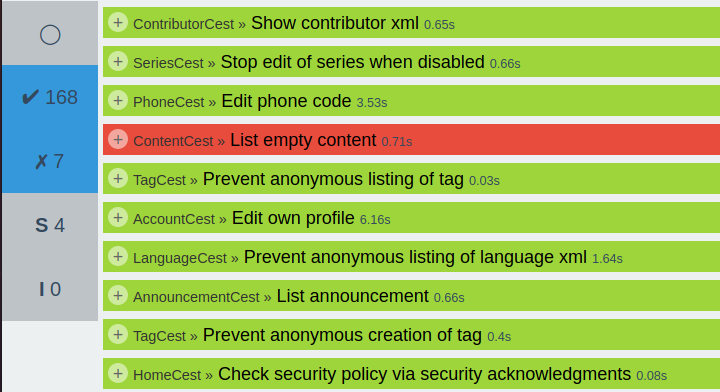 Screenshot of a list of tests colour coded green for pass and red for fail.