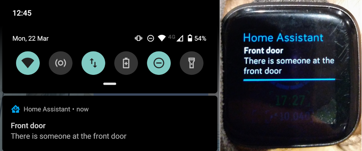 A composite image showing the Android notification (left) and the notification on my smart watch (right).