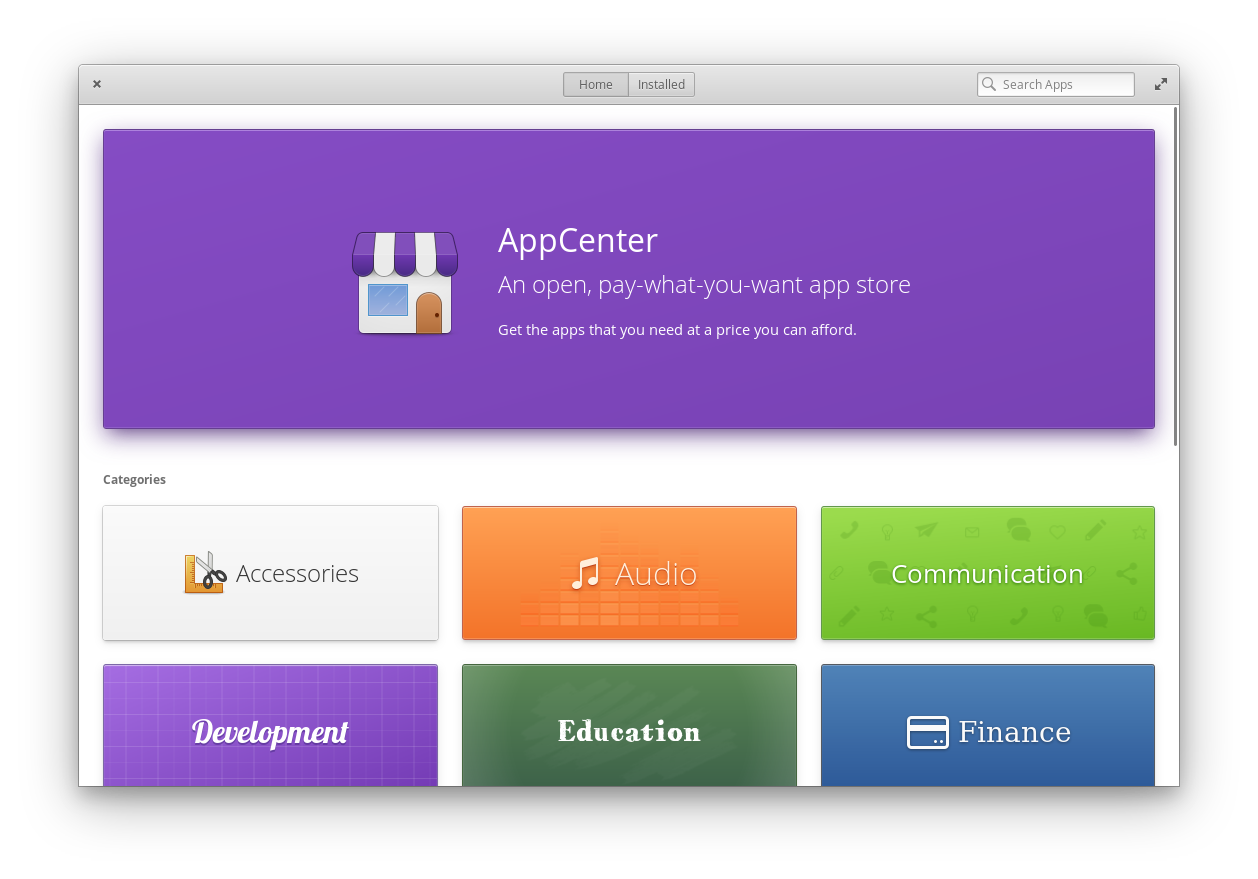 Screenshot of AppCenter showing tiles with different categories on them including "accessories", "audio" and "finance".