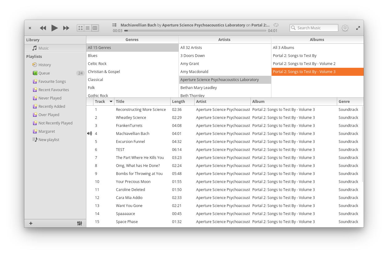 Screenshot of Music's view as columns layout, showing artist, album, track.