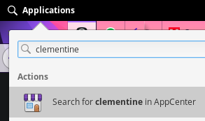 Screenshot of a search for "clementine" in the applications menu, with an app centre search option provided.