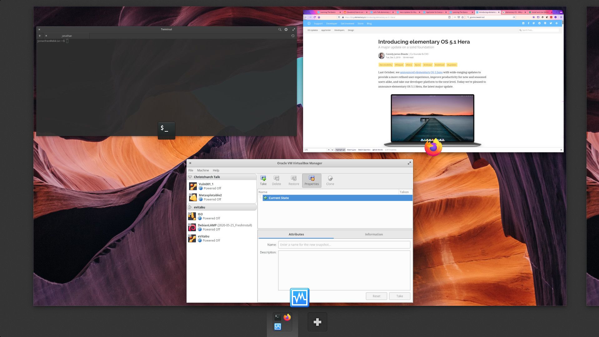 Screenshot of multitasking view, showing three open windows scaled on the screen.