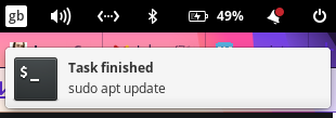 Popup notification saying "task finished: sudo apt update".