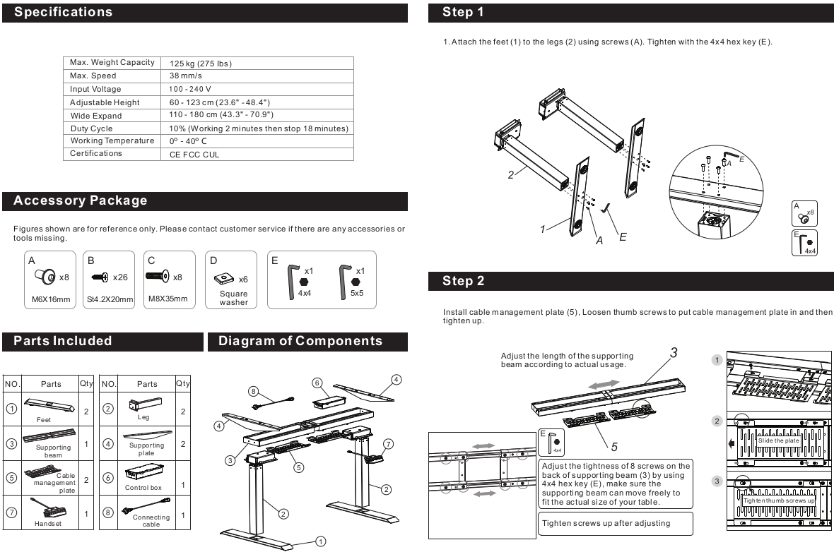 The first two pages of the assembly instructions, showing the specification, parts lists and beginning steps.