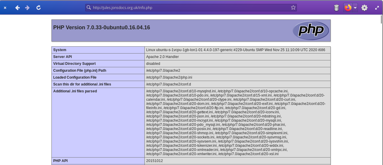 Screenshot showing the PHP info page, a table of purple and grey listing various information.