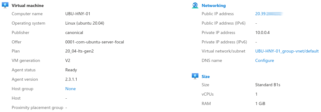 Screenshot from the Azure portal, showing the virtual machine's properties such as name (UBU-HNY-01) and IP addresses.
