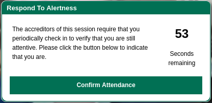 Pop up notification prompting the user to click "confirm attendance".  To the right there is a countdown timer, currently at 53 seconds remaining.