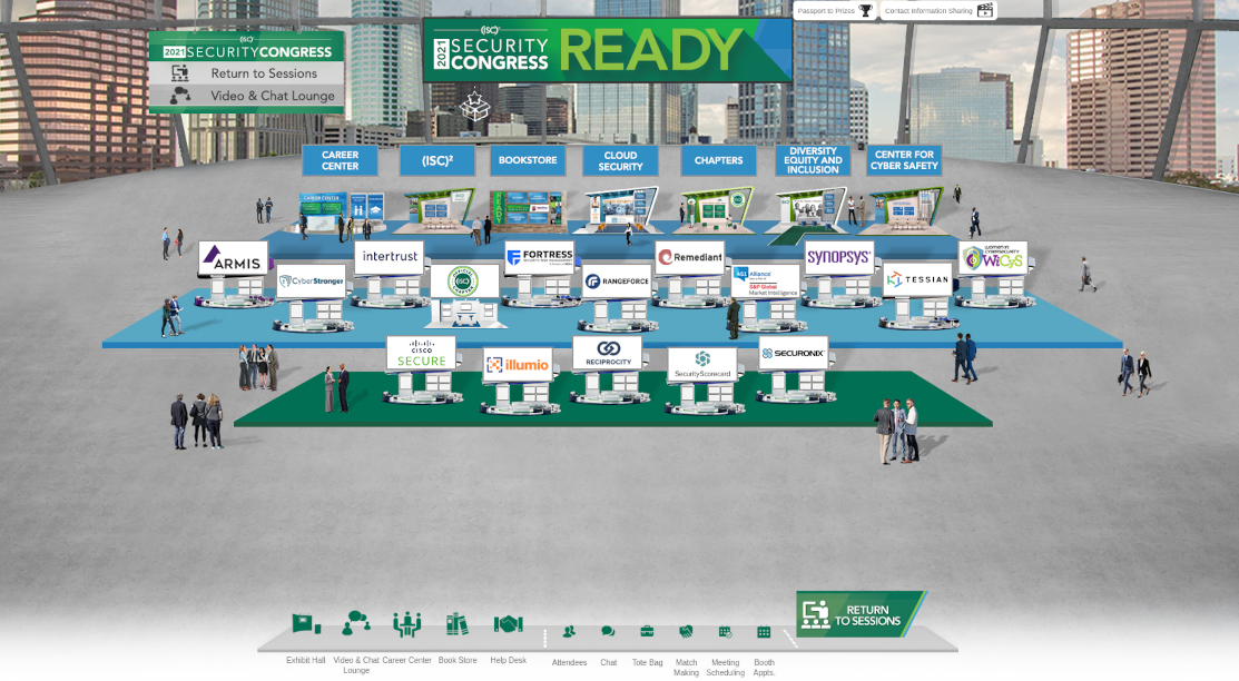 Screenshot showing vendor logos at their "virtual booths".  At the "back" of the hall are non vendor booths, such as the career centre, bookstore and "diversity, equity and inclusion" stands.