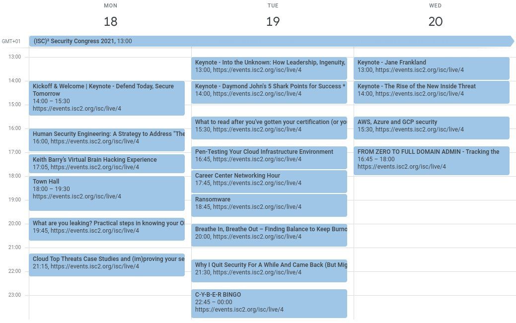 Screenshot of diary for 18th - 20th October 2021, showing many sessions from 13:00 - late evening.
