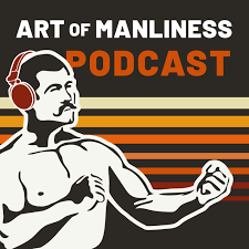 "Art of Manliness" logo featuring a black and white drawing of a topless man with his fists clenched.  He is wearing red over ear headphones on a background of cream, yellow, orange, pink and red stripes.