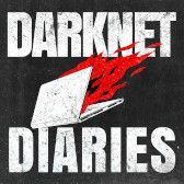 Logo of "Darknet Diaries" which shows the title in white capitals on a grey background.  In the middle there's a white laptop with red flames coming from it.