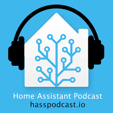 Home Assistant Podcast logo: a blue background with a house on it.  The house is wearing headphones.