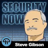 "Security now" logo featuring a cartoon of show host Steve Gibson on a blue grey background featuring random binary (zeroes and ones).