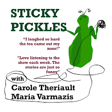 Sticky Pickles logo with a picture of a shrugging, green, pickle and some viewer feedback.