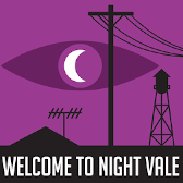 Logo for "Welcome to Night Vale" where a purple sky is shown behind a telegraph line and water tower.  The moon has an eye shape around it, implying the moon is watching.
