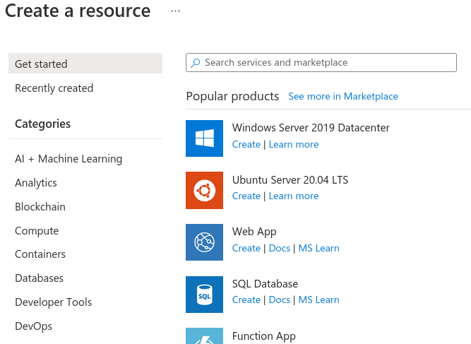 The create a resource screen in Azure shows a long list of resources you can create.  The screenshot lists "Windows Server 2019 Datacenter" and "Ubuntu Server 20.04 LTS" as two of the options.
